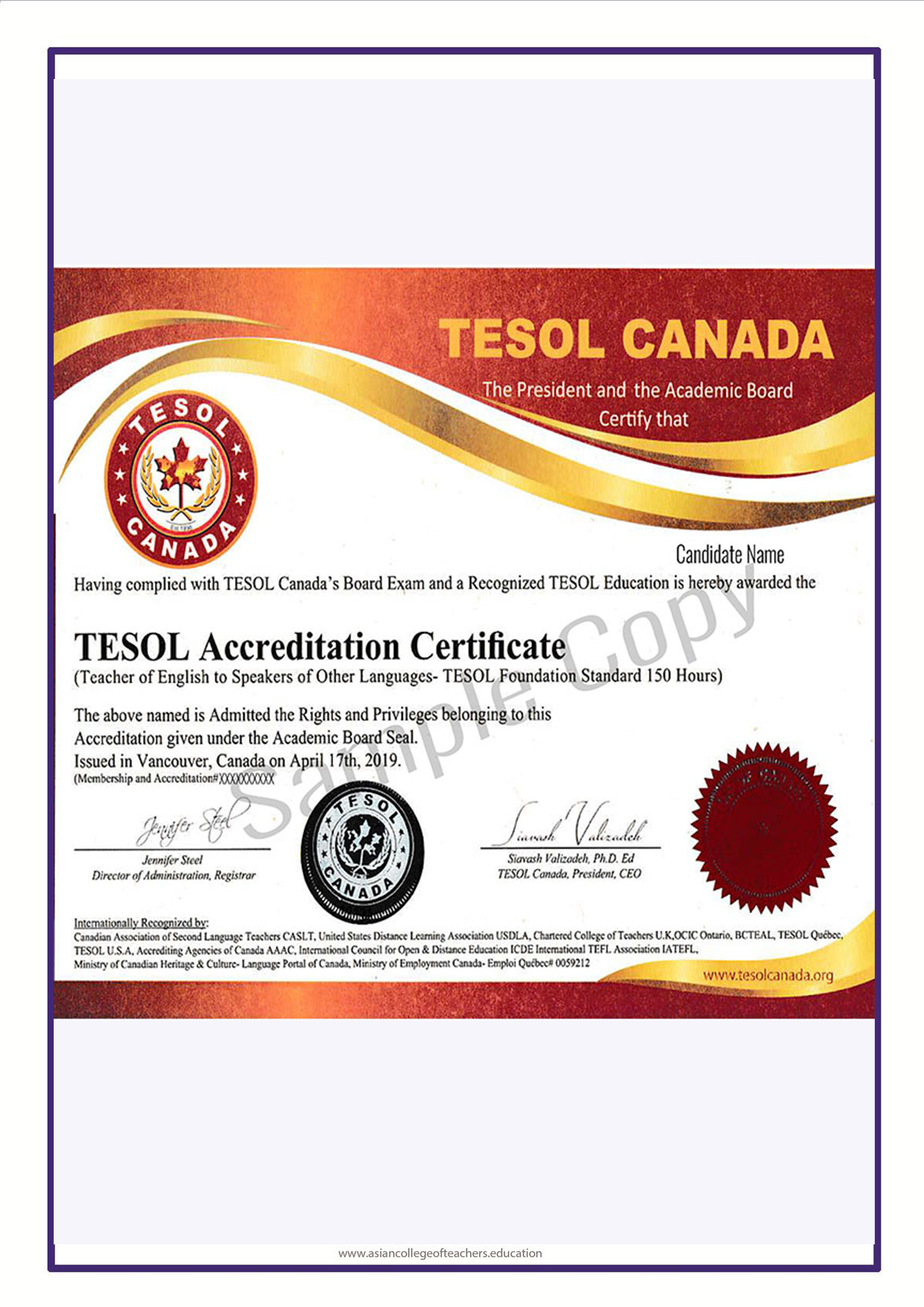 TESOL Accredation Certificate Sample